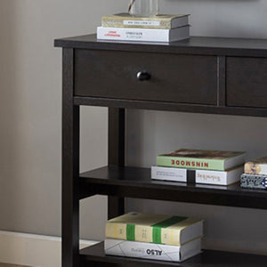 English Elm Sofa Console Table with Two Drawers Open Shelves Espresso Finish Slim Entryway Design B107P545312
