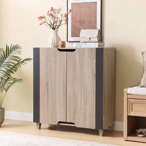 English Elm Two Tone Entryway Shoe Cabinet with Tapered Legs Vented Doors and Four Shelves B107P545315