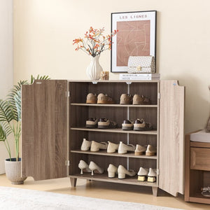 English Elm Two Tone Entryway Shoe Cabinet with Tapered Legs Vented Doors and Four Shelves B107P545315