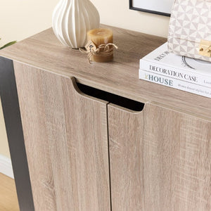 English Elm Two Tone Entryway Shoe Cabinet with Tapered Legs Vented Doors and Four Shelves B107P545315
