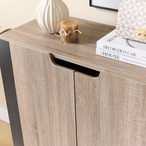 English Elm Two Tone Entryway Shoe Cabinet with Tapered Legs Vented Doors and Four Shelves B107P545315