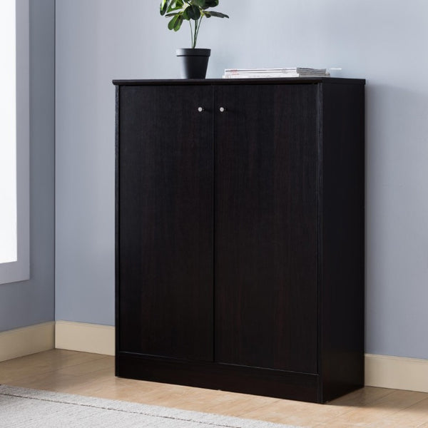 English Elm Two Door Entryway Shoe Cabinet with Beveled Top Adjustable Shelves and Metal Knobs Espresso B107P547225