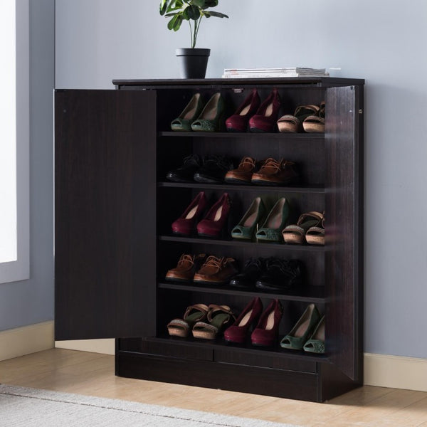 English Elm Two Door Entryway Shoe Cabinet with Beveled Top Adjustable Shelves and Metal Knobs Espresso B107P547225