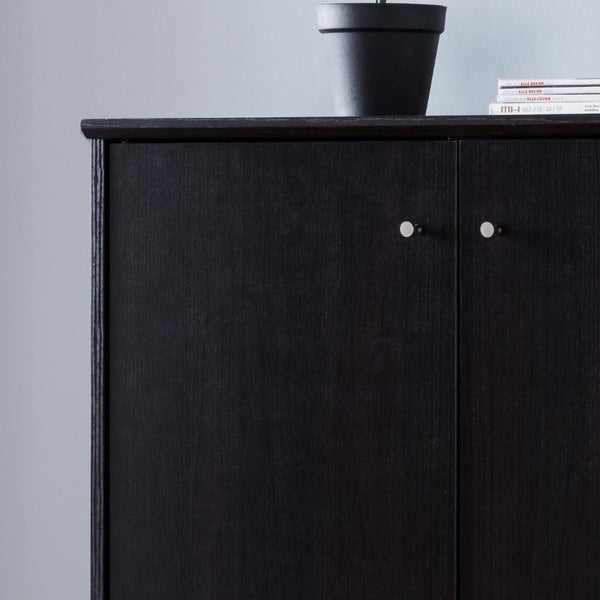 English Elm Two Door Entryway Shoe Cabinet with Beveled Top Adjustable Shelves and Metal Knobs Espresso B107P547225