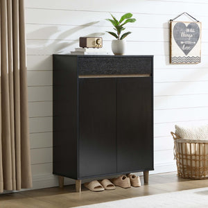 English Elm Shoe Cabinet Handleless Two Tone Entryway Console with Drawer and Four Interior Shelves B107P556645