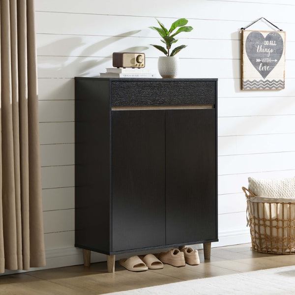 English Elm Shoe Cabinet Handleless Two Tone Entryway Console with Drawer and Four Interior Shelves B107P556645