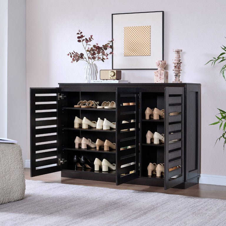English Elm Vented Shutter Door Espresso Cabinet with Seven Shelves for Entryway or Dining Room B107P556646