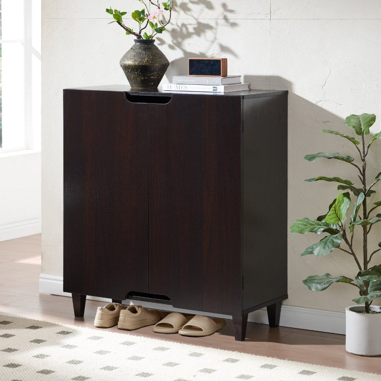 English Elm Two Door Entryway Shoe Cabinet with Vented Panels Tapered Legs and Espresso Finish B107P556647