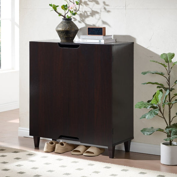 English Elm Two Door Entryway Shoe Cabinet with Vented Panels Tapered Legs and Espresso Finish B107P556647