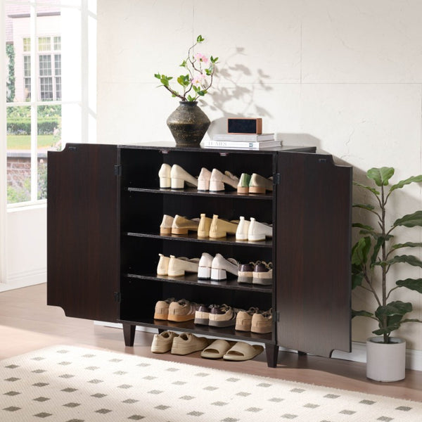 English Elm Two Door Entryway Shoe Cabinet with Vented Panels Tapered Legs and Espresso Finish B107P556647