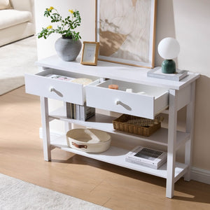 English Elm Sofa Console Table with Two Drawers Open Shelves White Wood Post Leg Entryway B107P556648