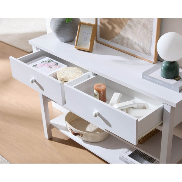 English Elm Sofa Console Table with Two Drawers Open Shelves White Wood Post Leg Entryway B107P556648