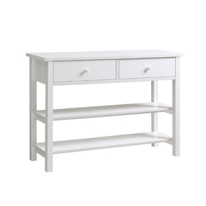English Elm Sofa Console Table with Two Drawers Open Shelves White Wood Post Leg Entryway B107P556648