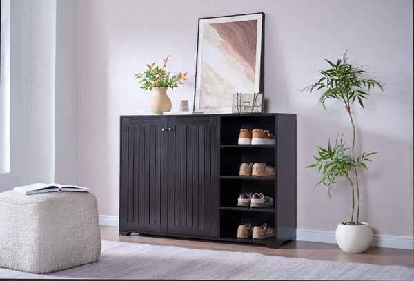 English Elm Shoe Storage Cabinet Espresso Sideboard Vented Slat Doors Four Adjustable Shelves Entryway B107P556649