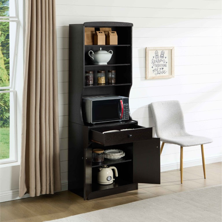 English Elm Microwave Cabinet Pantry Tower with Open Hutch Shelving and Traditional Wooden Knobs Espresso B107P596439