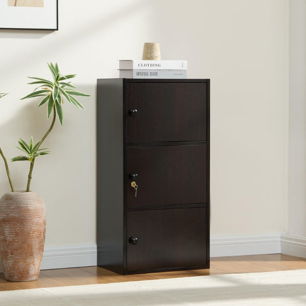 English Elm Three Door Slim Corner Cabinet with Locking Storage and Wooden Knob Handles Espresso B107P598919