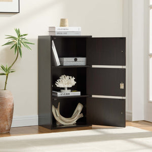 English Elm Three Door Slim Corner Cabinet with Locking Storage and Wooden Knob Handles Espresso B107P598919