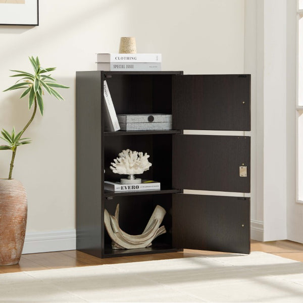 English Elm Three Door Slim Corner Cabinet with Locking Storage and Wooden Knob Handles Espresso B107P598919