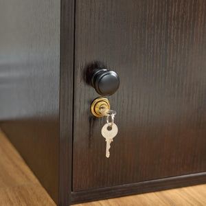 English Elm Three Door Slim Corner Cabinet with Locking Storage and Wooden Knob Handles Espresso B107P598919