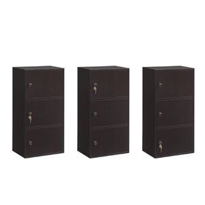 English Elm Three Door Slim Corner Cabinet with Locking Storage and Wooden Knob Handles Espresso B107P598919