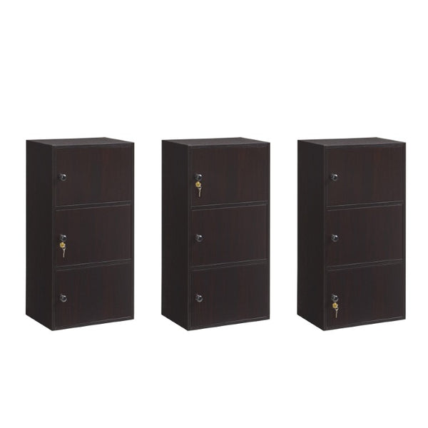 English Elm Three Door Slim Corner Cabinet with Locking Storage and Wooden Knob Handles Espresso B107P598919