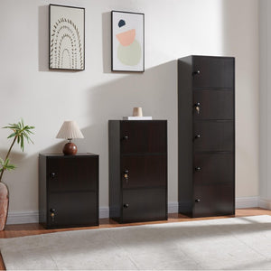 English Elm Three Door Slim Corner Cabinet with Locking Storage and Wooden Knob Handles Espresso B107P598919
