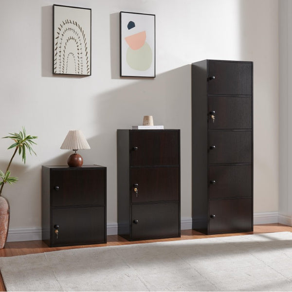 English Elm Three Door Slim Corner Cabinet with Locking Storage and Wooden Knob Handles Espresso B107P598919
