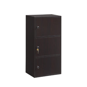 English Elm Three Door Slim Corner Cabinet with Locking Storage and Wooden Knob Handles Espresso B107P598919