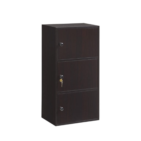 English Elm Three Door Slim Corner Cabinet with Locking Storage and Wooden Knob Handles Espresso B107P598919