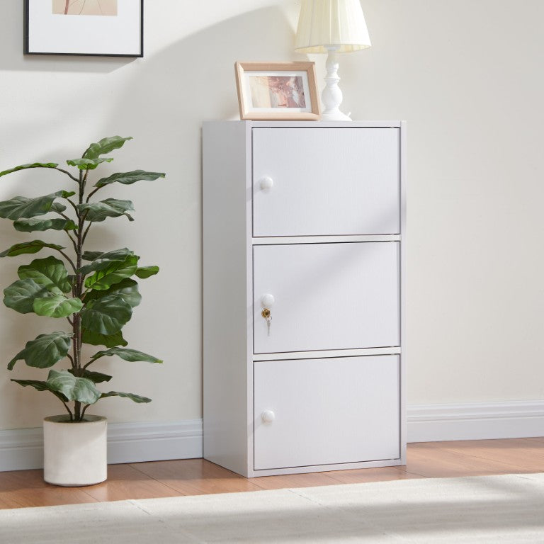 English Elm Three Door Slim Corner Cabinet with Locking Storage and Wooden Knob Handles White B107P598920