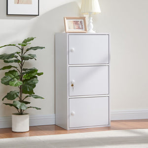English Elm Three Door Slim Corner Cabinet with Locking Storage and Wooden Knob Handles White B107P598920