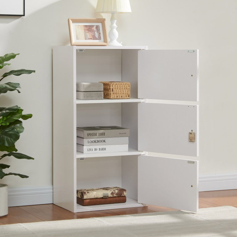 English Elm Three Door Slim Corner Cabinet with Locking Storage and Wooden Knob Handles White B107P598920