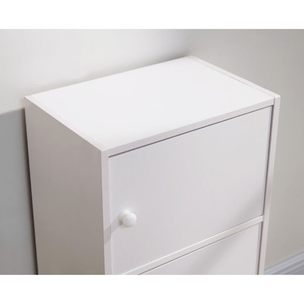 English Elm Three Door Slim Corner Cabinet with Locking Storage and Wooden Knob Handles White B107P598920