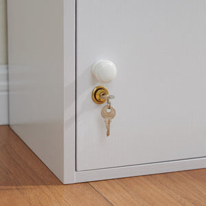 English Elm Three Door Slim Corner Cabinet with Locking Storage and Wooden Knob Handles White B107P598920