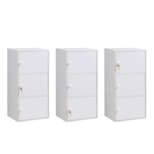 English Elm Three Door Slim Corner Cabinet with Locking Storage and Wooden Knob Handles White B107P598920