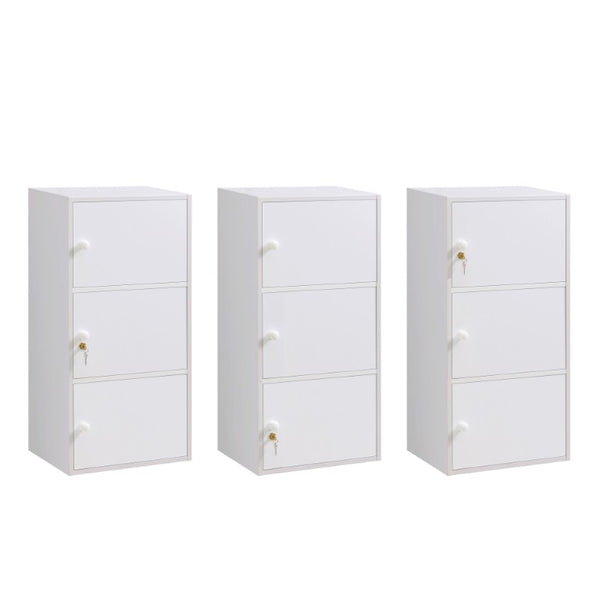 English Elm Three Door Slim Corner Cabinet with Locking Storage and Wooden Knob Handles White B107P598920