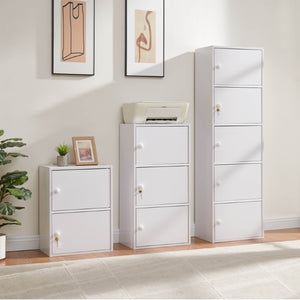 English Elm Three Door Slim Corner Cabinet with Locking Storage and Wooden Knob Handles White B107P598920