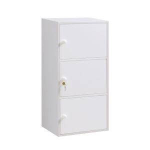 English Elm Three Door Slim Corner Cabinet with Locking Storage and Wooden Knob Handles White B107P598920