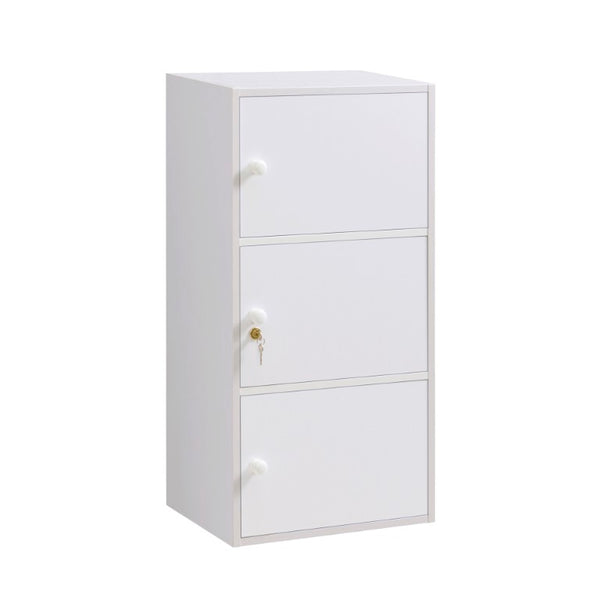 English Elm Three Door Slim Corner Cabinet with Locking Storage and Wooden Knob Handles White B107P598920