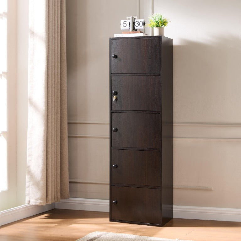 English Elm Five Door Narrow Corner Storage Cabinet with Locking Security and Wooden Knob Handles Espresso B107P598931