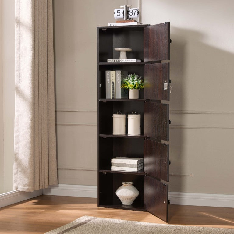 English Elm Five Door Narrow Corner Storage Cabinet with Locking Security and Wooden Knob Handles Espresso B107P598931