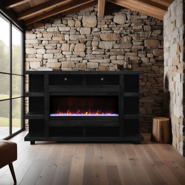 English Elm 48 Inch Shiplap Electric Fireplace Mantel with Poplar Wood and Farmhouse Warmth Black 72 inches B108P292281