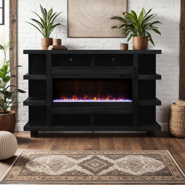 English Elm 48 Inch Shiplap Electric Fireplace Mantel with Poplar Wood and Farmhouse Warmth Black 72 inches B108P292281
