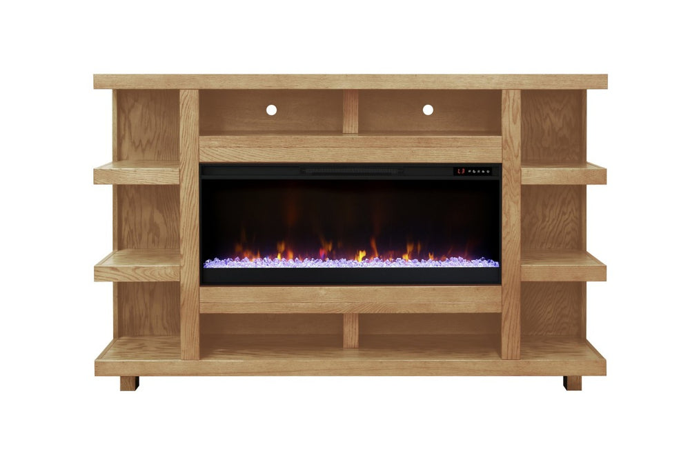 English Elm Evermont 72 Inch Electric Fireplace Mantel with Open Shelving and Wood Grain Finish B108P292282