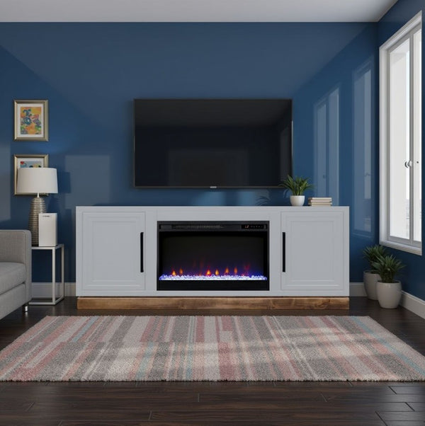 English Elm Nora Farmhouse TV Stand with Built-In Electric Fireplace Wood Veneer Media Console White B108P345193