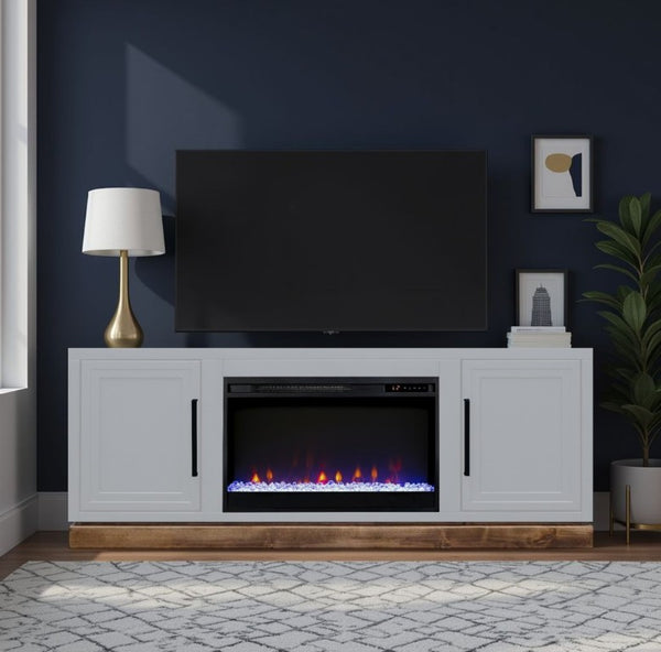 English Elm Nora Farmhouse TV Stand with Built-In Electric Fireplace Wood Veneer Media Console White B108P345193