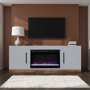 English Elm Nora Farmhouse TV Stand with Built-In Electric Fireplace Wood Veneer Media Console White B108P345193
