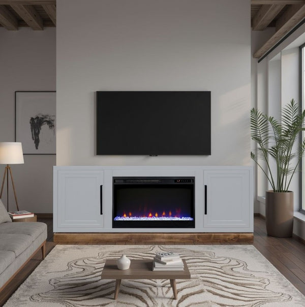 English Elm Nora Farmhouse TV Stand with Built-In Electric Fireplace Wood Veneer Media Console White B108P345193
