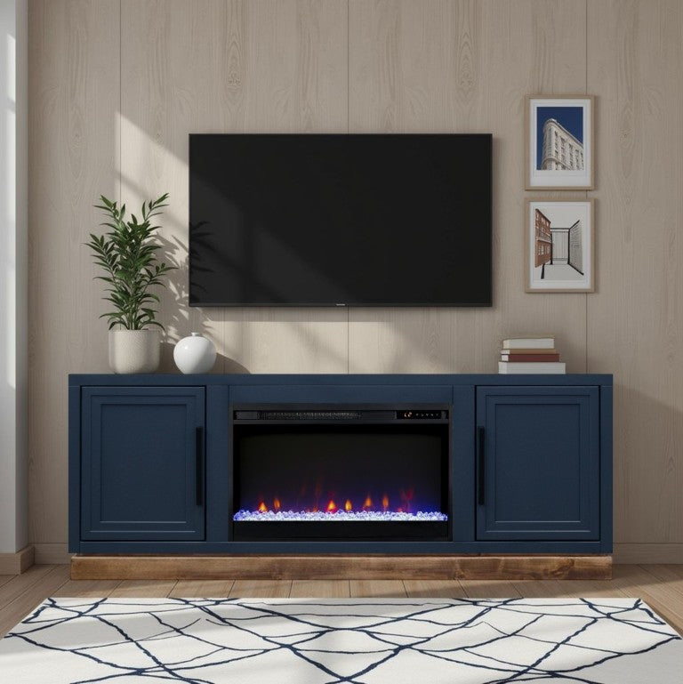 English Elm Nora Farmhouse TV Stand with Built-In Electric Fireplace Wood Veneer Media Console Blue B108P345194