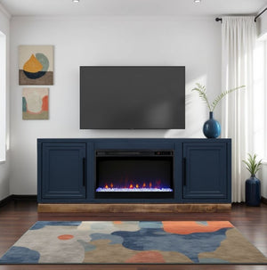 English Elm Nora Farmhouse TV Stand with Built-In Electric Fireplace Wood Veneer Media Console Blue B108P345194